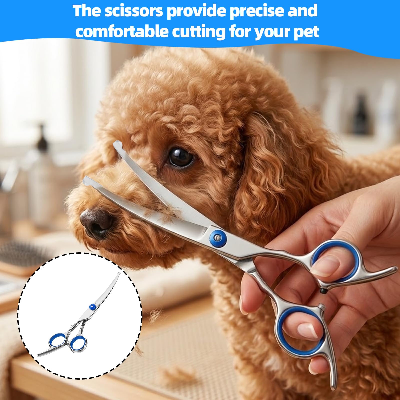 Ciseaux de Toilettage Chien Courbés Professionnels | Idéal pour Finitions Précises Visage et Pattes | Sécurité Maximale avec Pointes Arrondies | Acier Inoxydable 17cm