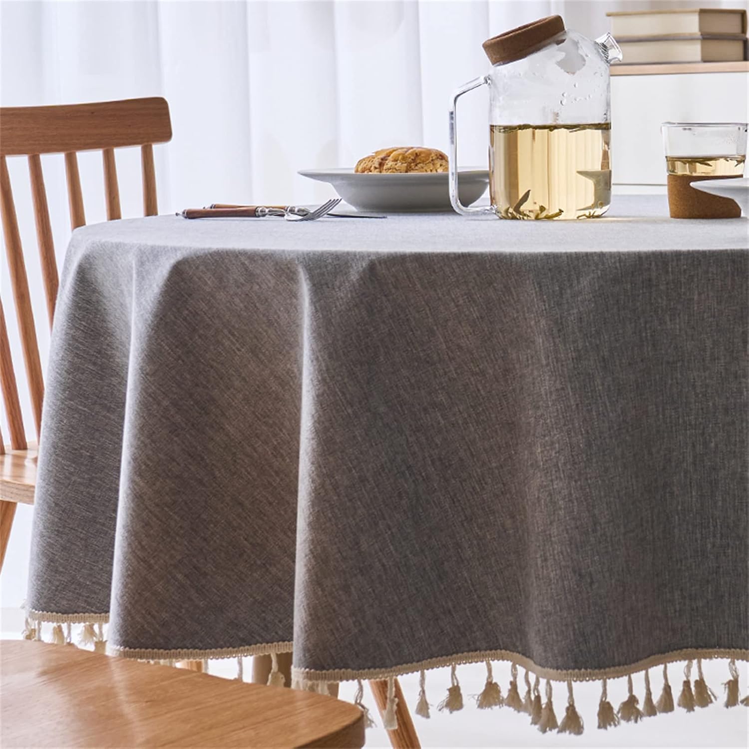 Linen Textured Round Tablecloth with Tassel Waterproof
