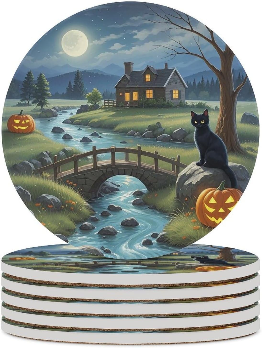 Full Moon Bridge Black Cat Coaster with Cork Base Drink Coasters for Coffee Table Decor Modern Cup Coasters with Non-Slip & Heat-Resistant Cute Ceramic Table Coaster for Home Dining