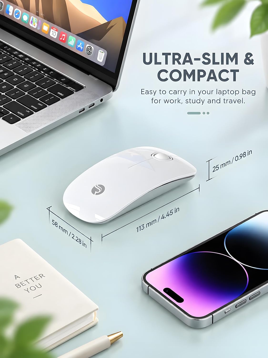 RAPIQUE Bluetooth Wireless Mouse, BT5.1＆ 2.4G Slim Dual Mode, White