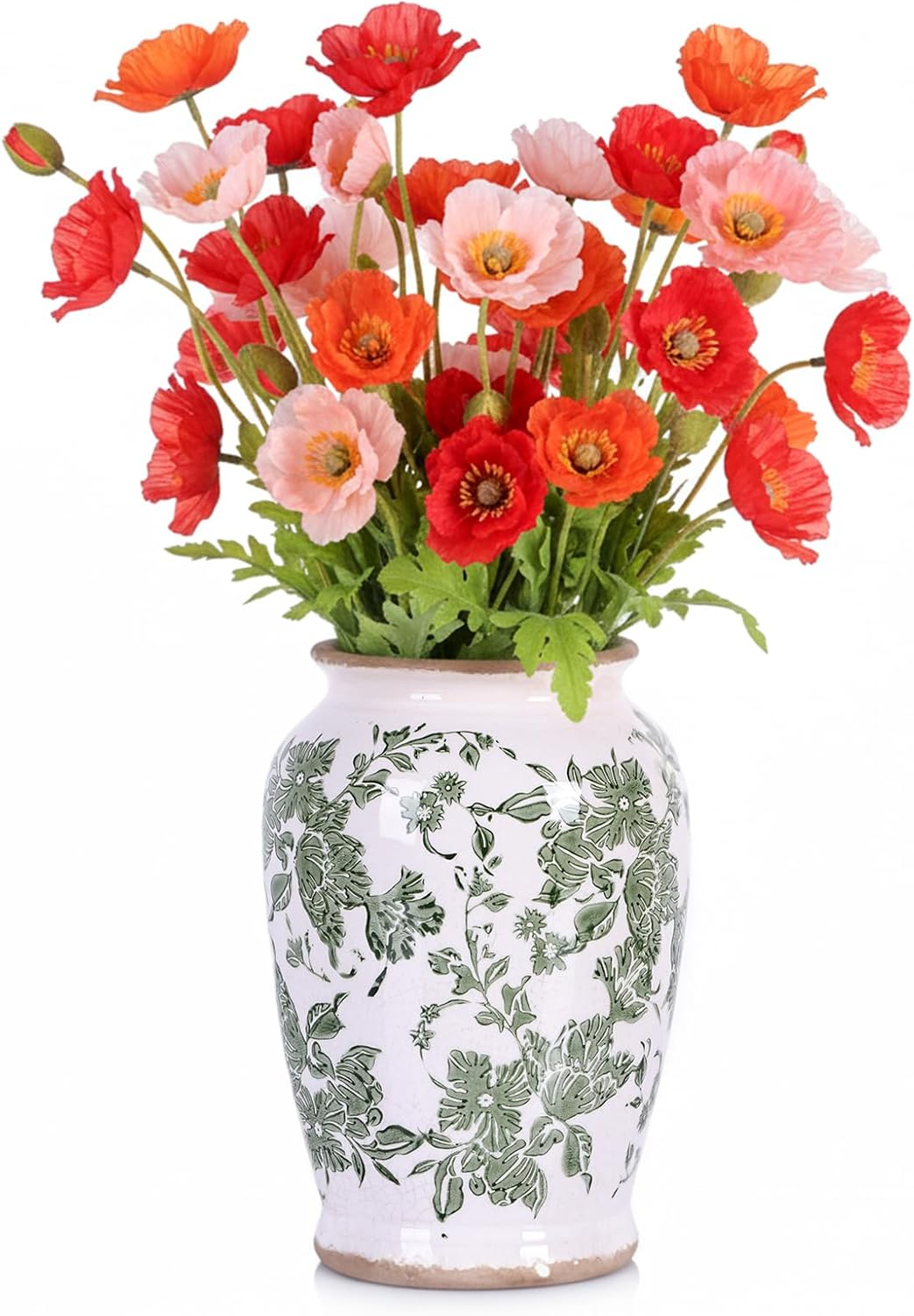 Vintage Vase for Flowers, Green Chinoiserie Ceramic Vases,Farmhouse Floral Cracked Vase for Pastoral Home Decor, Living Room, Centerpieces, Shelf, Fireplace Tables,Sage Green Vases,7.6inch