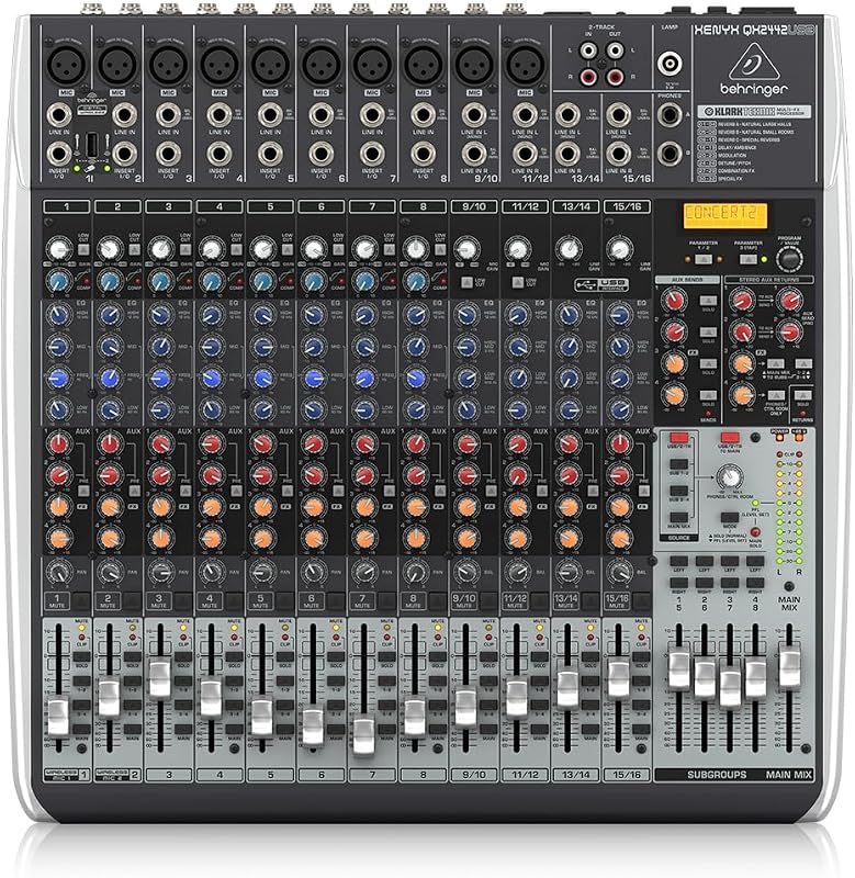 Behringer XENYX QX2442USB Premium 24-Input 4/2-Bus Mixer with XENYX Mic Preamps and Compressors, Klark Teknik Multi-FX Processor, Wireless Option and USB/Audio Interface