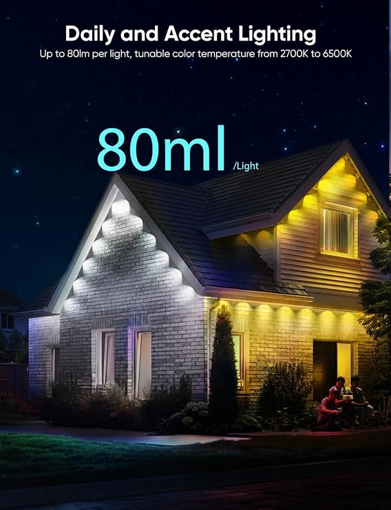 APPECK Permanent Outdoor Lights Pro 200ft, 144W RGBCW Eaves Lights with 144 LED Lights, 80lm, Dual Lens, Cuttable, IP67 Waterproof Lighting for Daily and Holiday Decor, Compatible with Alexa, White