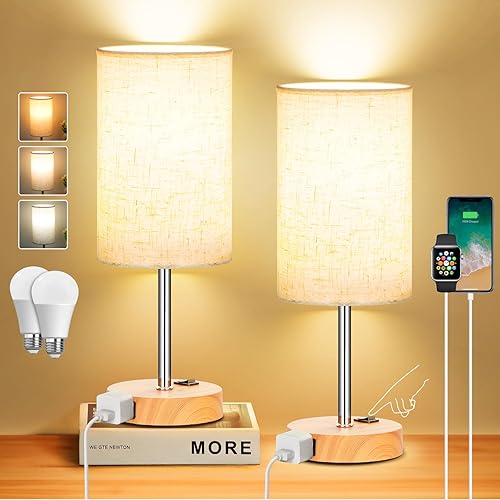 ZJOJO - Juego de 2 lámparas de mesa para dormitorio, lámparas pequeñas de mesita de noche con interruptor de palanca de 3 vías regulable y toma de