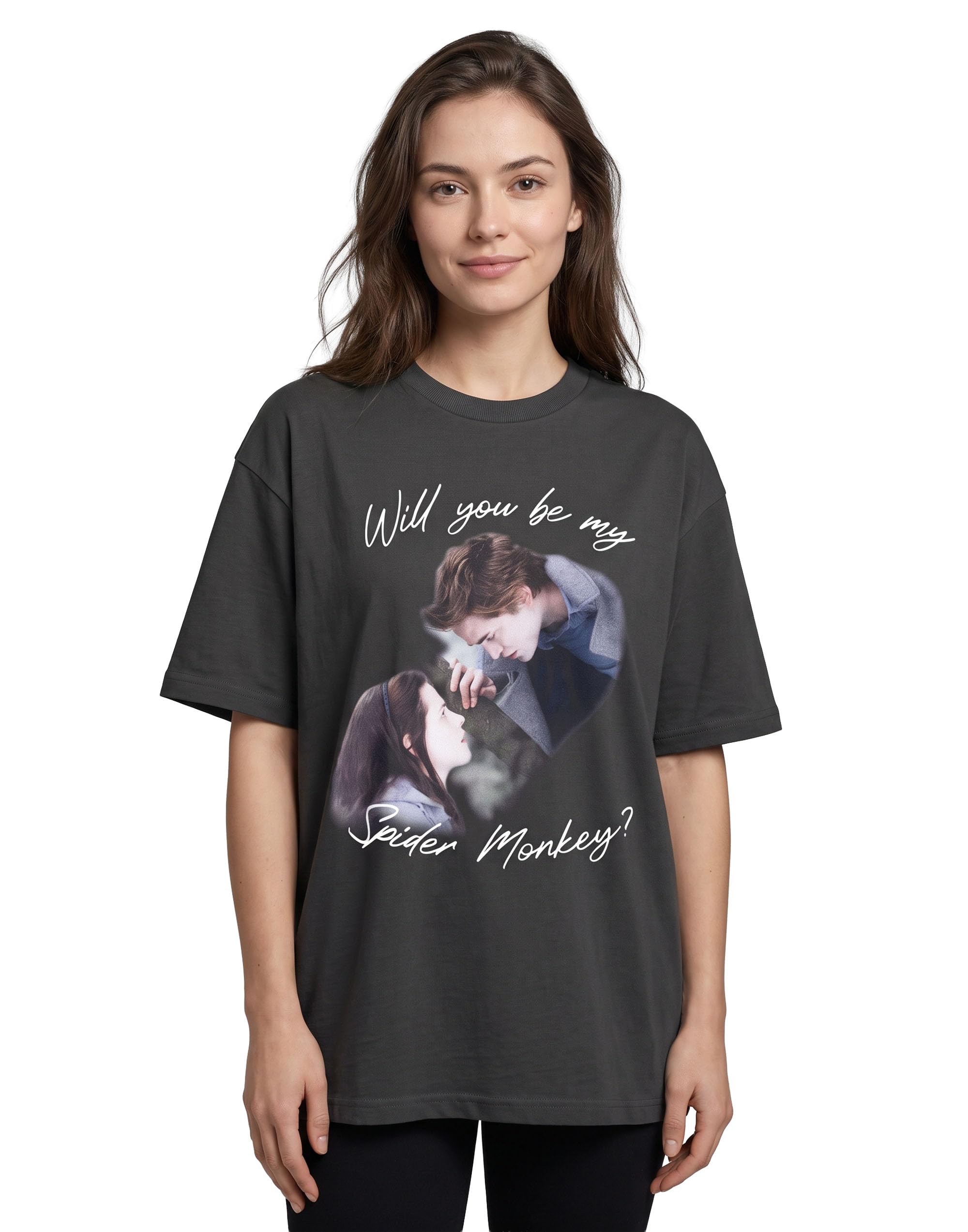 Vanilla Underground Women's Spider Monkey Twilight Bella & Edward Charcoal Short Sleeve T-Shirt | 'Will You Be My ?' Graphic Tee | Classic Twilight Saga Apparel | Casual Wear Top - Small