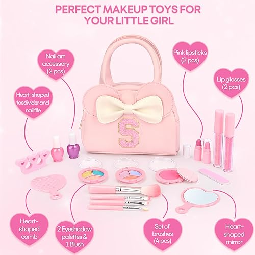 Miniatura 6 de Kit de maquillaje real para niñas – 18 piezas de juguetes de maquillaje no tóxicos y lavables con bolso inicial para niñas pequeñas – Regalos