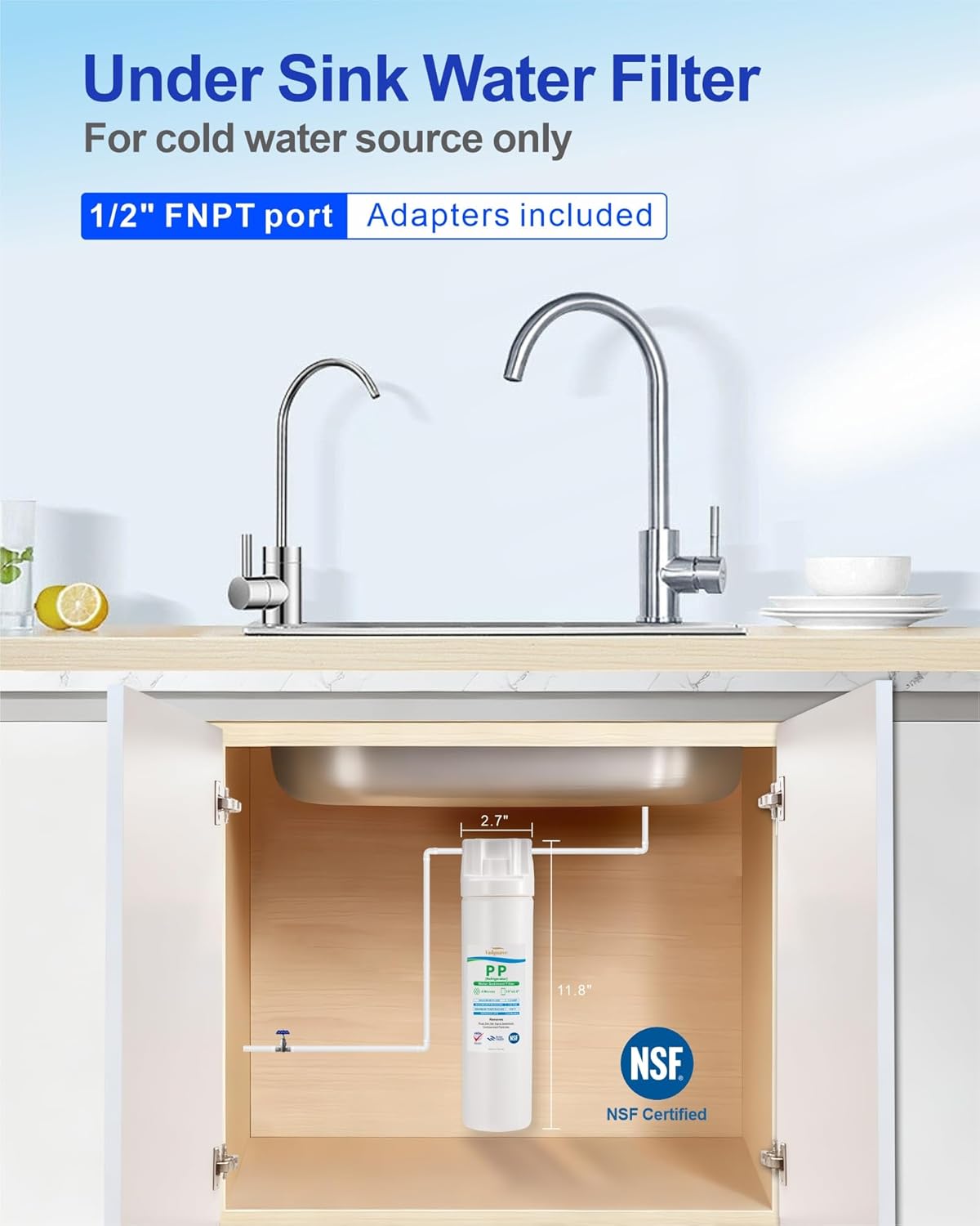 Under Sink Water Filtration System, NSF Certified 10 x 2.5 Inch PP Sediment Filter Cartridge, 5 Micron, Lead-Free, BPA-Free Heavy Duty with 1/2 Inch FNPT Inlet/Outlet