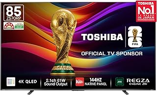 Toshiba 215 cm (85 Inches) 4K Ultra HD Smart QLED TV | Dolby Vision Atmos, HDR10+ | 144 Hz Panel | 2.1 CH 61W Speaker with Sub Woofer | REGZA Engine ZRi | Voice Control | VIDAA OS | 85Z570RP (Black)