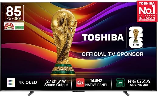 Toshiba 215 cm (85 Inches) 4K Ultra HD Smart QLED TV | Dolby Vision Atmos, HDR10+ | 144 Hz Panel | 2.1 CH 61W Speaker with...