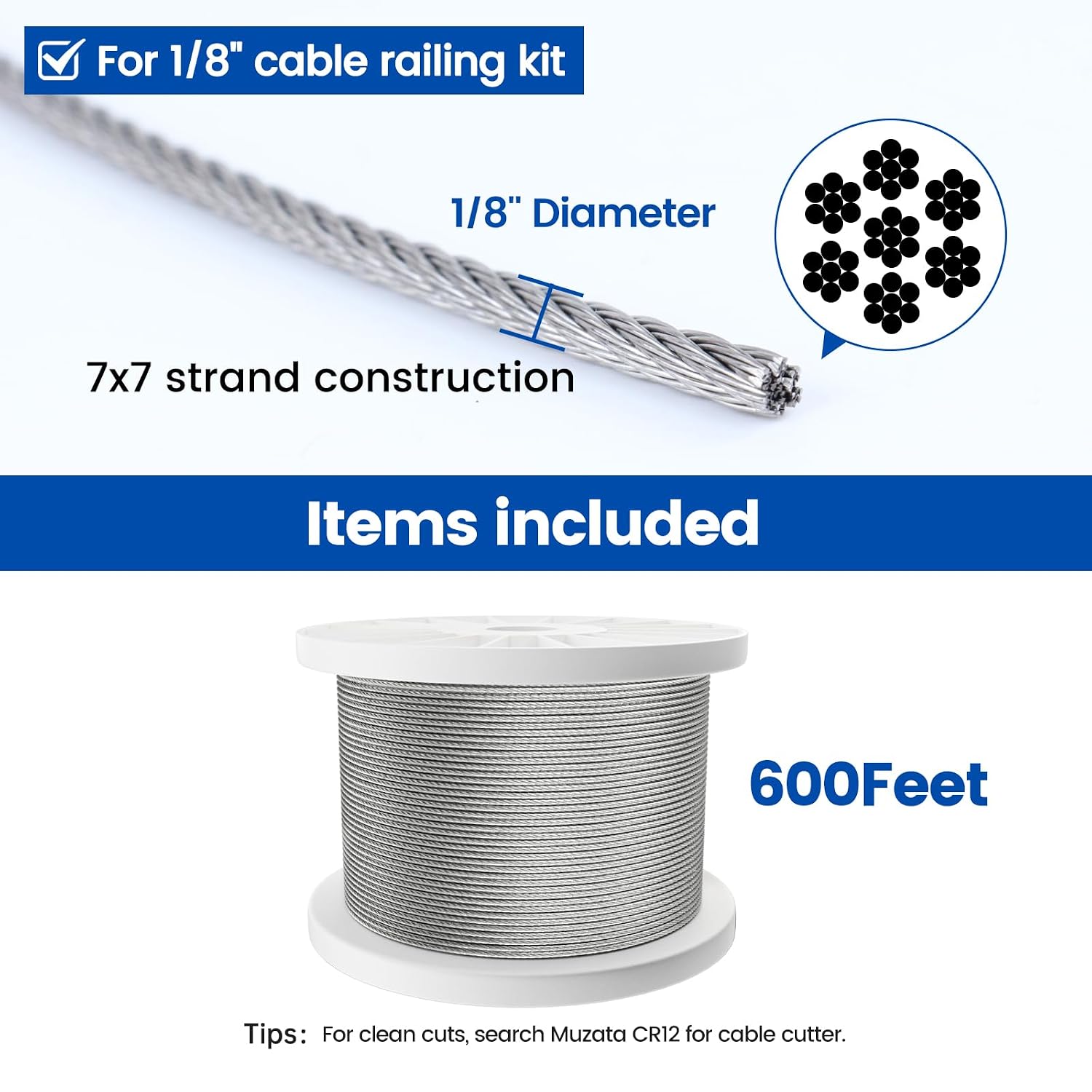 Muzata 600 ft 1/8" Stainless Steel Cable Railing System Hardware T316 Stainless Steel Wire Rope 7x7 Strands 1800 lb Breaking Strength Deck Cable Railing Kit for Indoor Outdoor Coastal WR02
