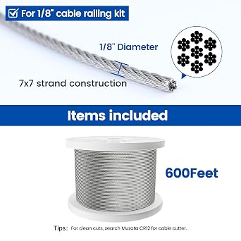 Muzata 600ft 1/8 T316 Stainless Steel Cable Railing Wire Rope WR02
