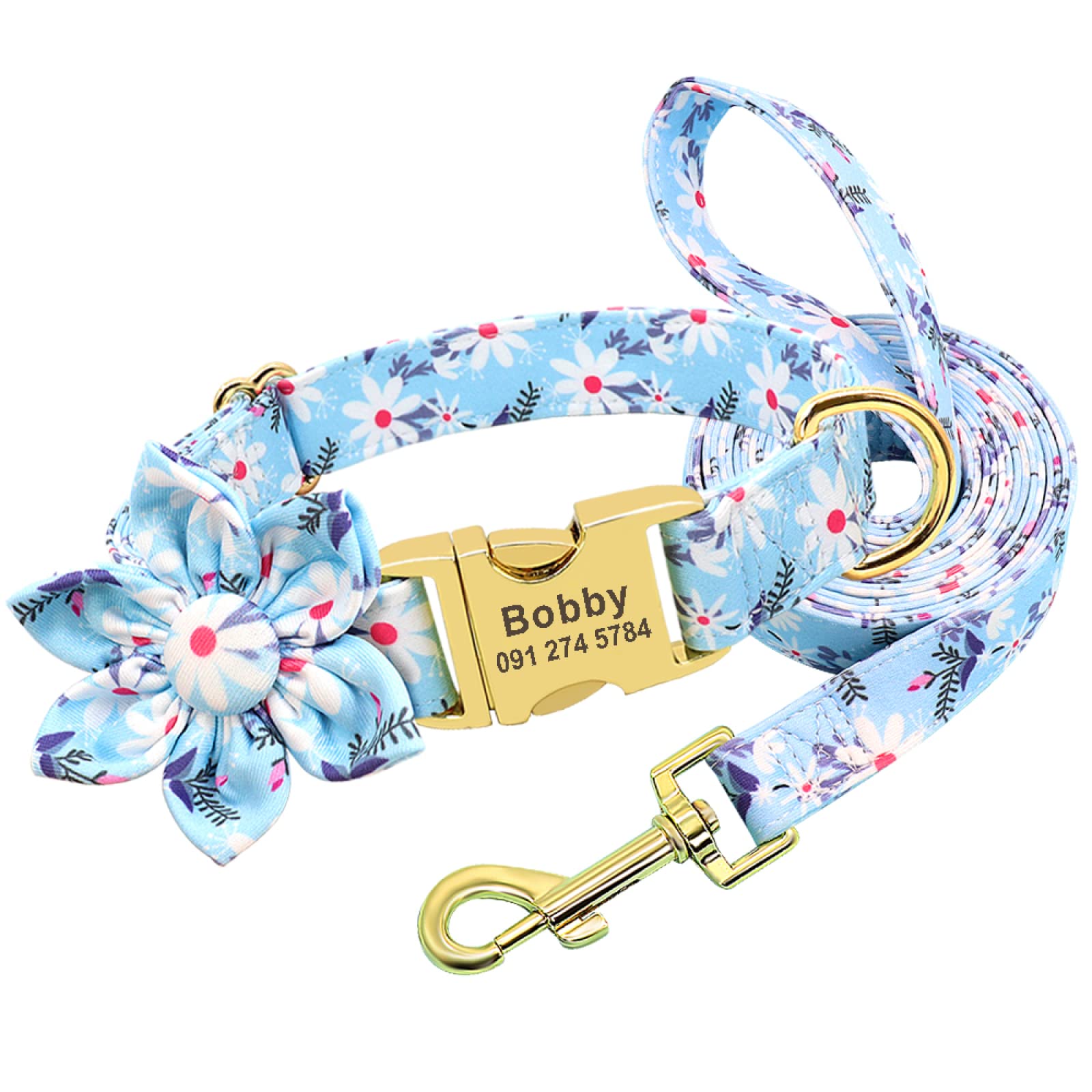Collier pour chien personnalisé en nylon imprimé vert M avec laisse assortie