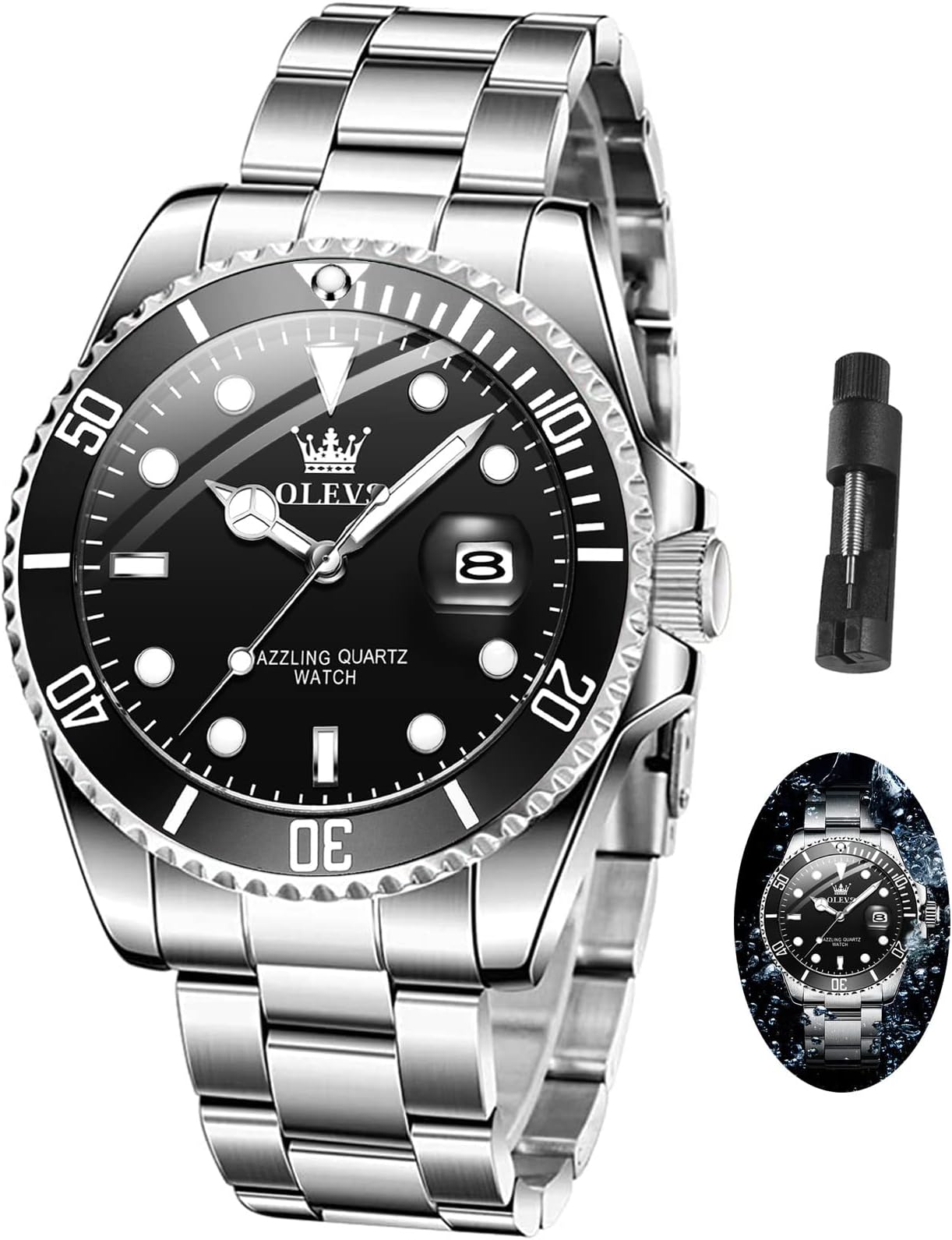 Men Watch,Big Dial Watches for Men Stainless Steel Watch with Day Waterproof Analog Quartz Watches for Man Classic Business Wristwatch Luxury Luminous Round for Men Rotatable Bezel Watch