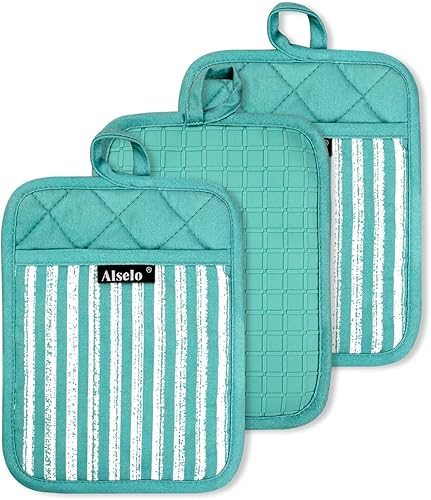 Juego de 3 agarraderas de silicona resistentes al calor y antideslizantes, almohadillas calientes profesionales para horno con bolsillos y guantes