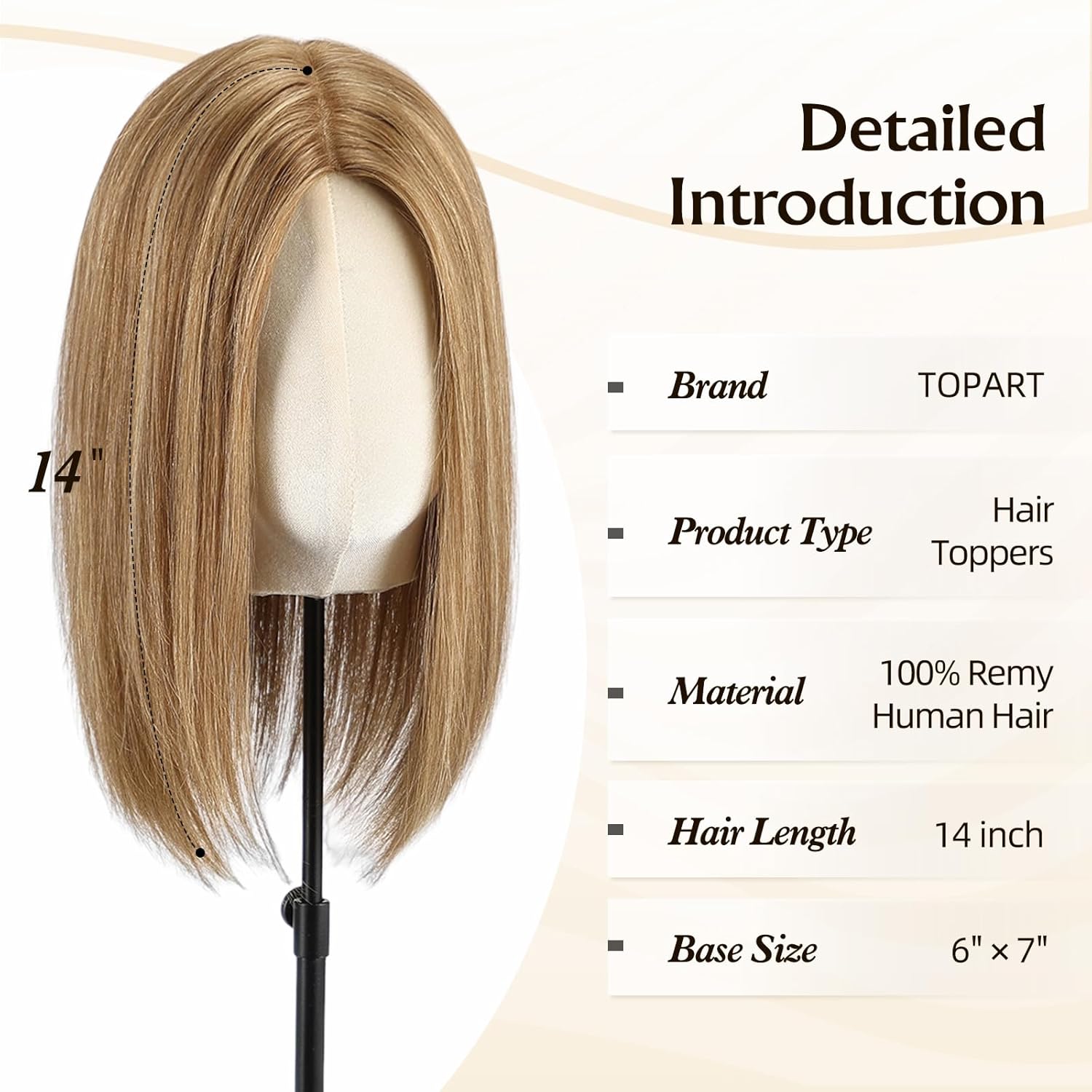 Large MONO Top Hair Toppers for Women Remy Human Hair 14 Inch 6"x7" Big Base Partial wig Cover Thinning Hair or Loss No Bangs Natural Wiglets(Light Brown Highlights)