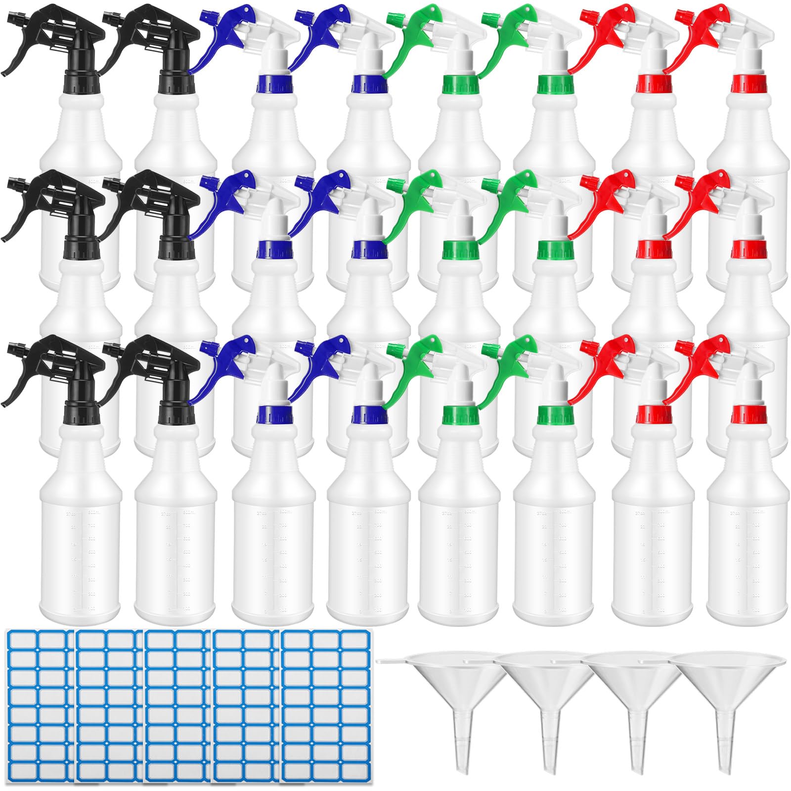 Zubebe 24 Pack 32 oz Plastic Spray Bottle Bulk Empty Leakproof Heavy Duty Spray Bottles for Cleaning Supplies Mist Bottles with Label and Adjustable