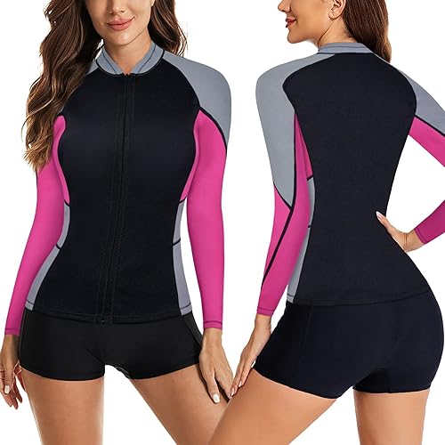 Miniatura 5 de CtriLady Traje de neopreno para mujer, chaqueta de manga larga de neopreno de 0.5 pulgadas de cuello alto con cremallera frontal para natación,