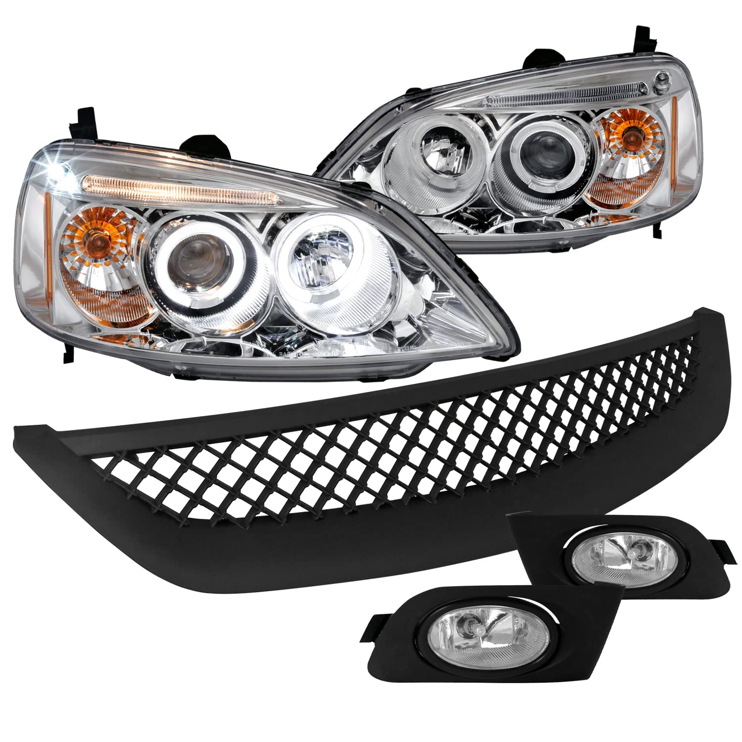 Chrome Halo LED Projector Headlights Fog Lights Grille Compatible with 2001-2003 Honda Civic 2 4 Dr Left + Right Pair Headlamps Assembly