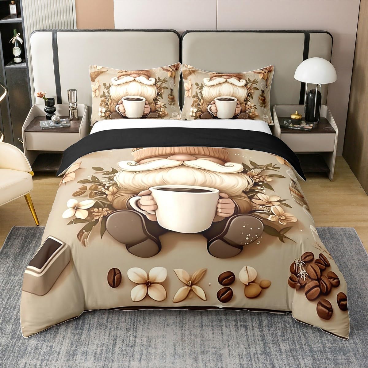 Erosebridal Gnome 100% Cotton Duvet Cover Queen Size Coffee Dwarf Bedding Set for Boys Girls Cartoon Cup Floral Beans Brown Grey Comforter Cover Soft Breathable Bedclothes