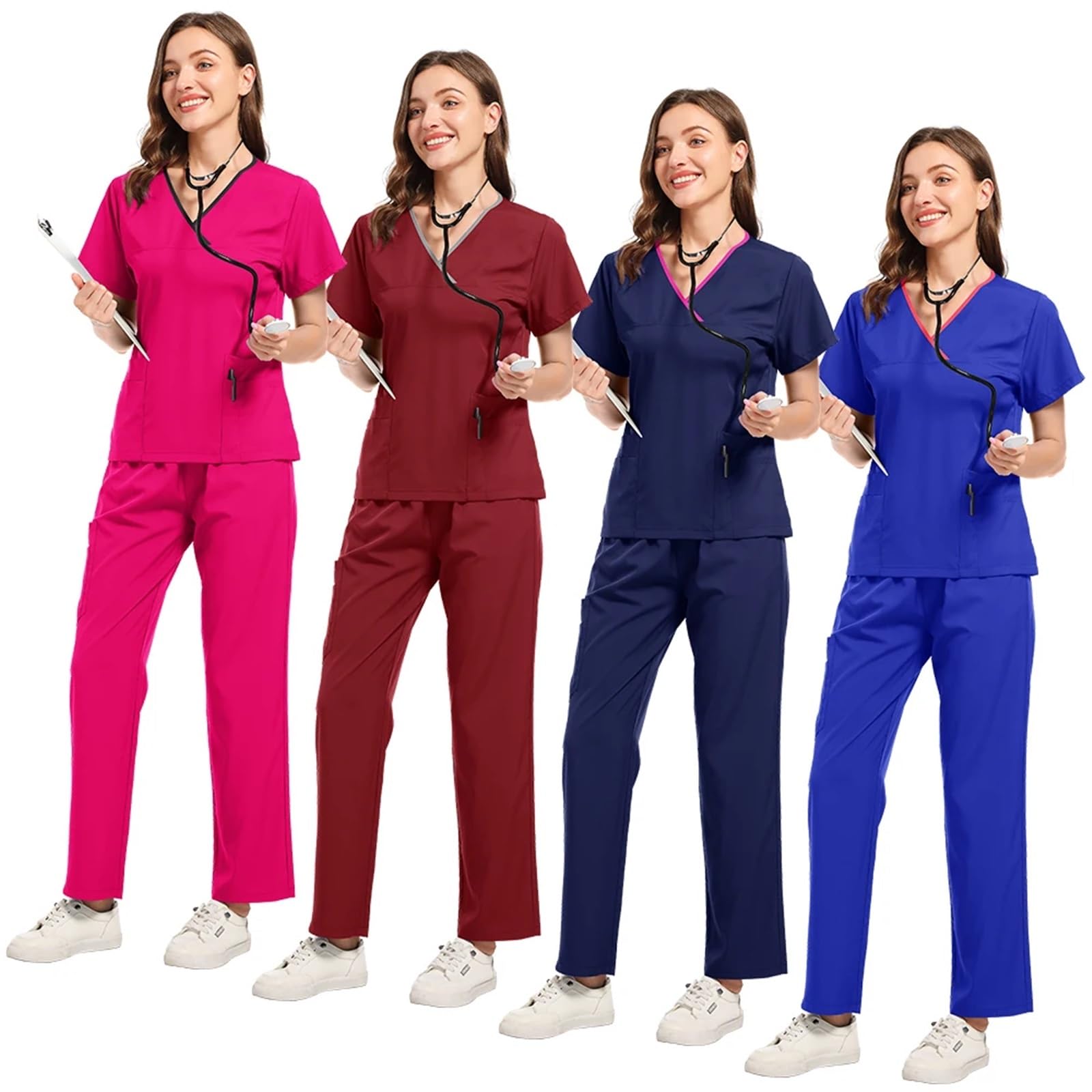 Krankenschwesteruniform OP-Bekleidungsset for Damen, medizinische Krankenschwesteruniform, Stehkragen, V-Ausschnitt, Oberteil, Joggerhose, Tierarzt für damen