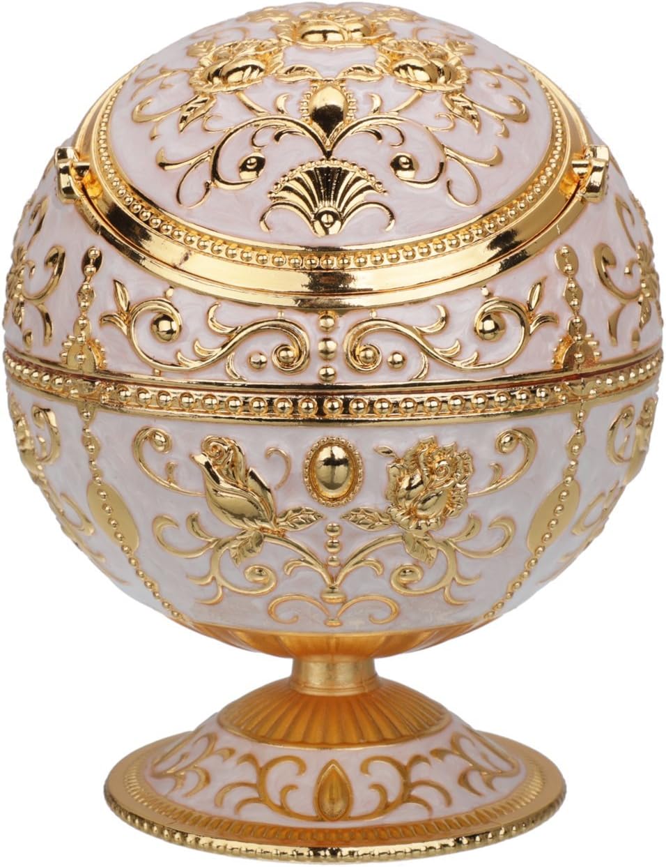 LAUYOO Windproof Ashtray with Lid for Cigarettes Metal Portable Cigar Ashtray Odor Eliminator for Indoor outdoor Hand Stamped Rose Pattern with Sparkle Fancy Gift for Men Women(Jade white-Gold Rose)