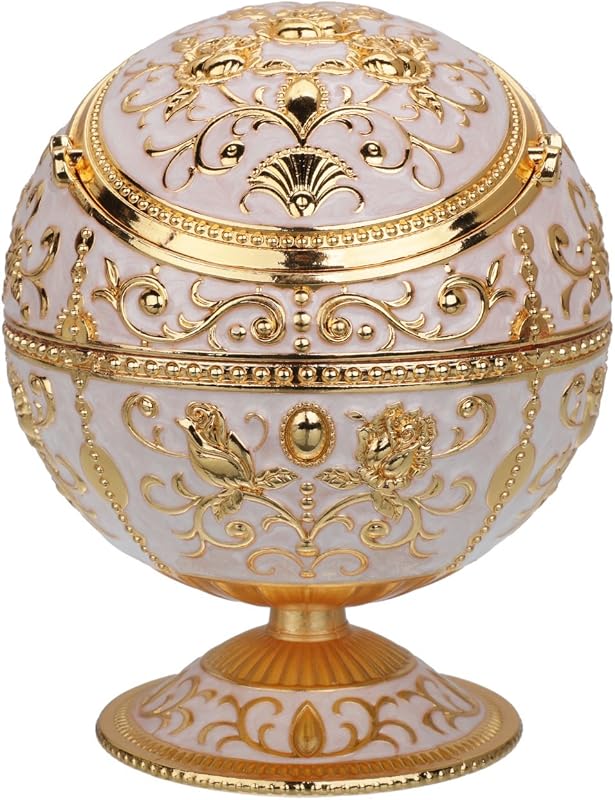 Cenicero LAUYOO resistente al viento con tapa para cigarrillos, cenicero portátil de metal, eliminador de olores para interiores y exteriores, patrón de rosa estampado a mano con brillo, regalo elegante para hombres y mujeres (blanco jade-rosa dorada)