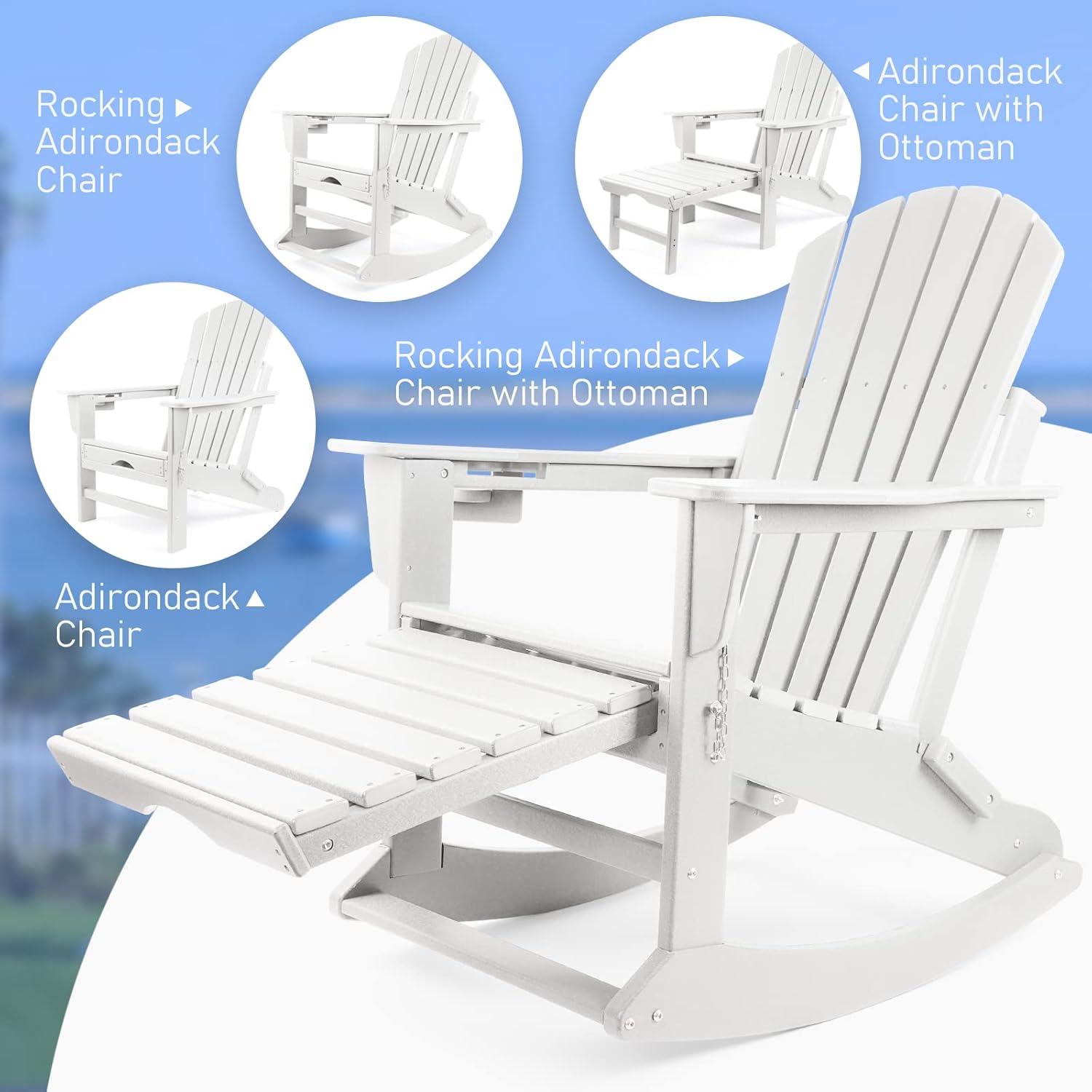 FUNBERRY Adirondack Rocking Chairs Set of 2, Multifunctional 4-in-1 Porch Rocker with Retractable Ottoman & Cup Holder HDPE All Weather