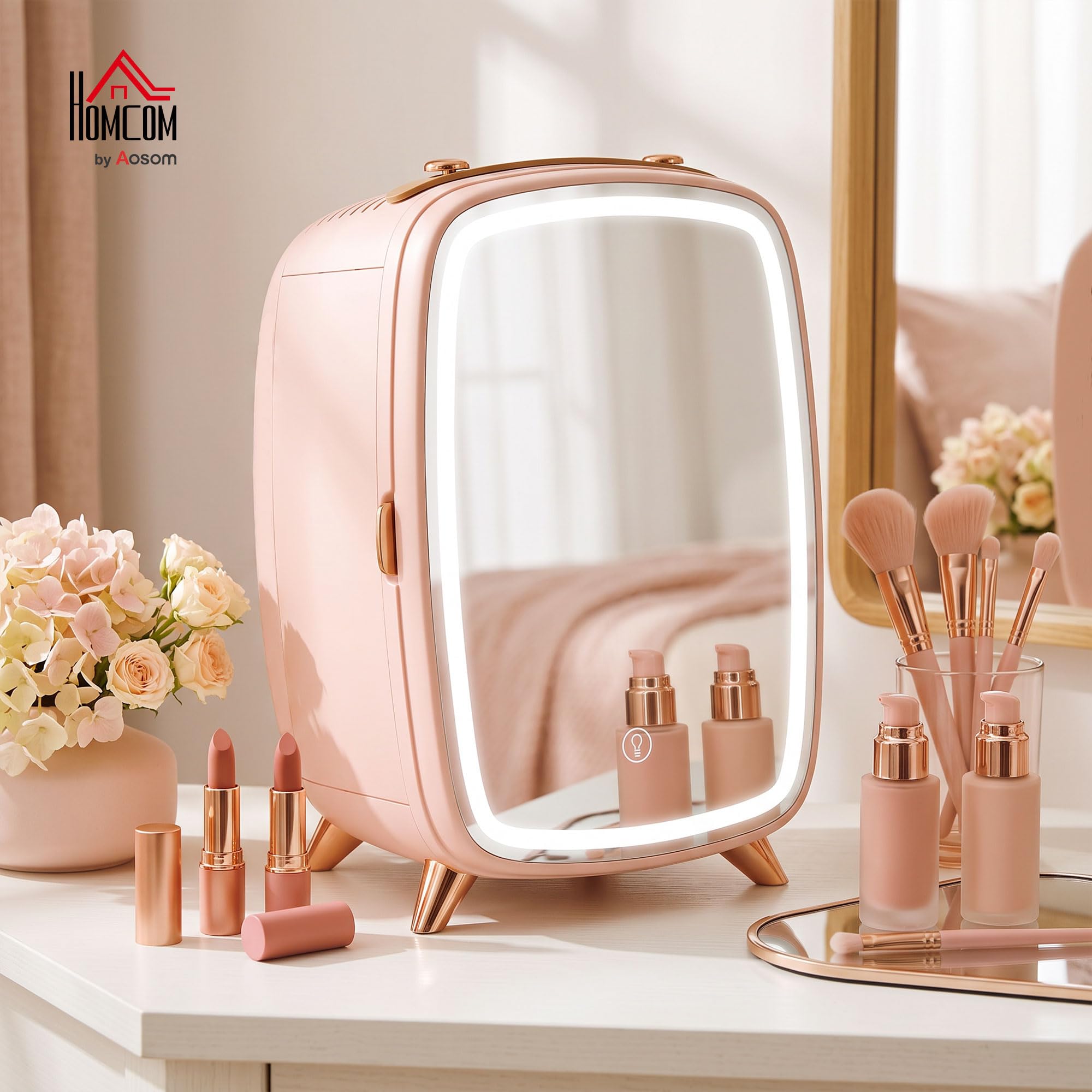 HOMCOM Mini Kühlschrank 6 Liter LED Spiegel Kosmetik Kühlschrank Rosa