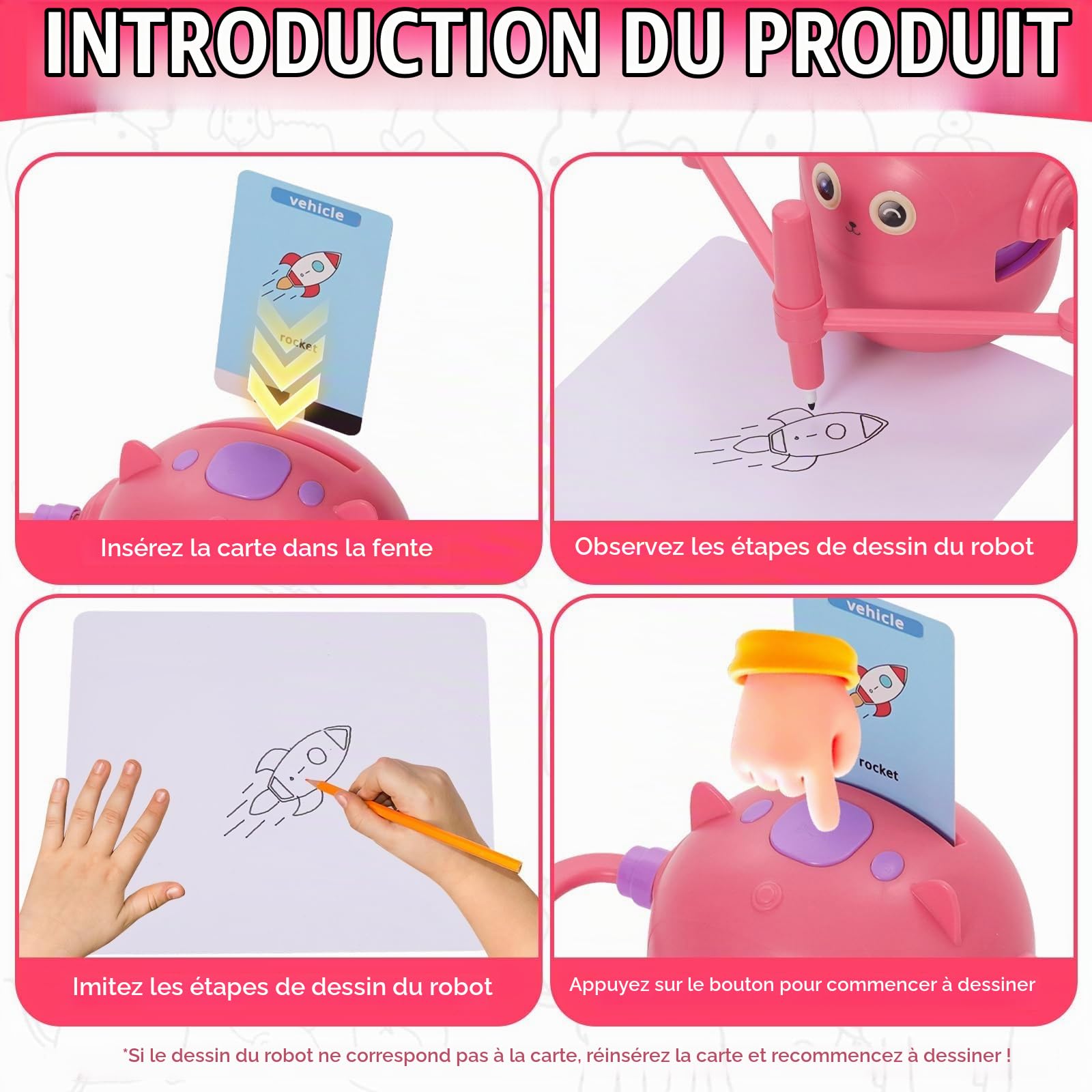 Robot Dessinateur Enfant, Robot de Dessin pour Enfants avec Guide Vocal, 14 Stylos et 100 Cartes, Robots Qui Dessine Tout Seul, Aide Les Enfants à Apprendre à Dessiner, Jouet éducatif Interactif(Rose)