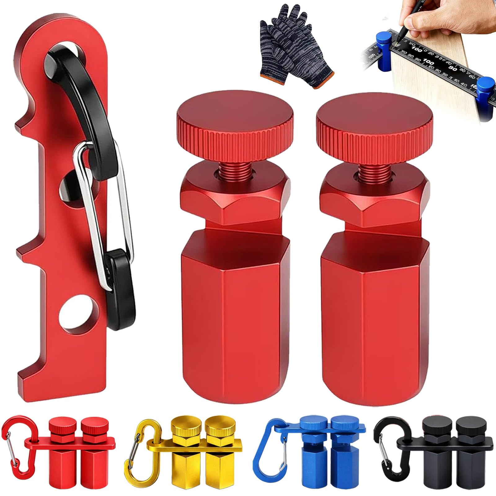 Aluminum Stair Gauge Clamp – Precision Layout, Durable Build, Secure Locking, 2026 Tall Stair Gauges for Framing Square – Hexagonal Stable Lock with Holder & Hook for Carpentry & Circular Saw (Red)