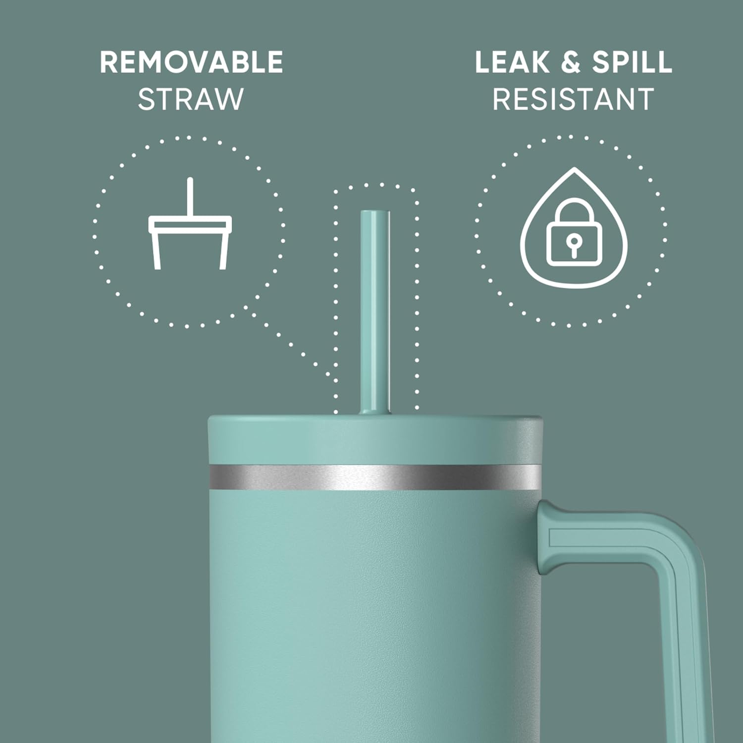 Hydrapeak Voyager 40 Oz Stainless Steel Tumbler with Handle, Insulated Water Bottle With Straw & Lid, Cupholder Friendly Reusable Travel Mug (Pale Sage) - Image 4