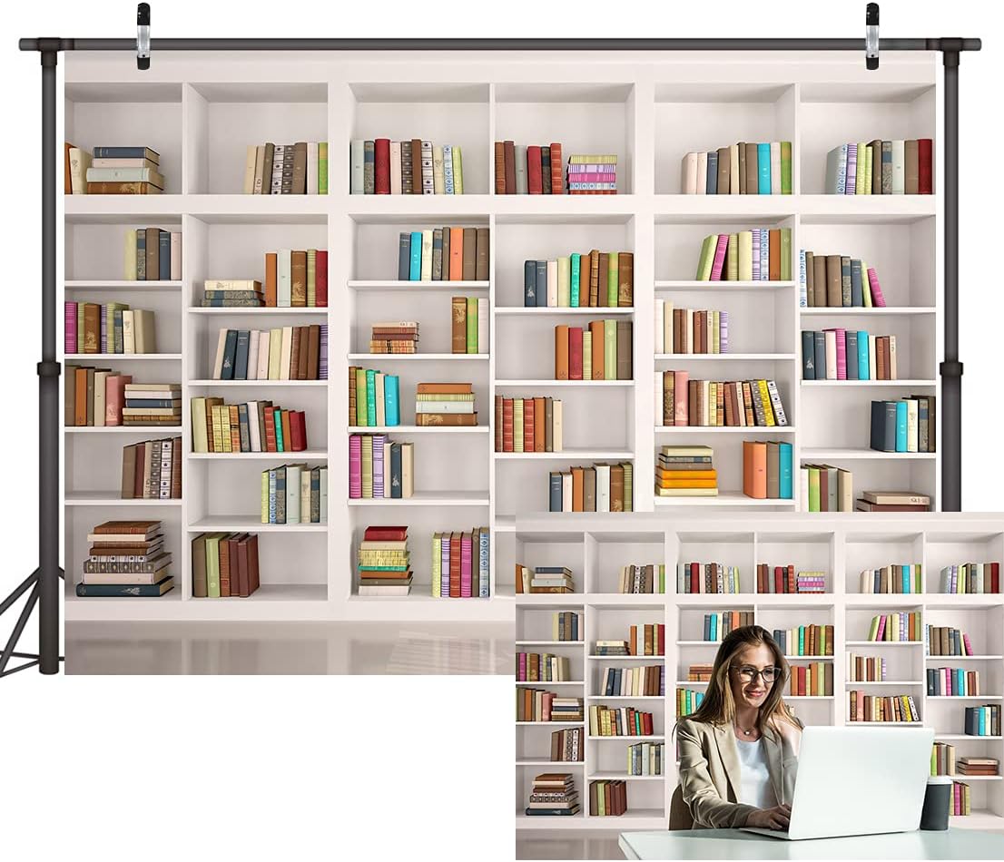 LYWYGG 7X5FT Bookshelf Backdrop Bookcase Backdrops Library Backdrop Office Backdrop for Video Conference Vintage Party Background Books CP-259