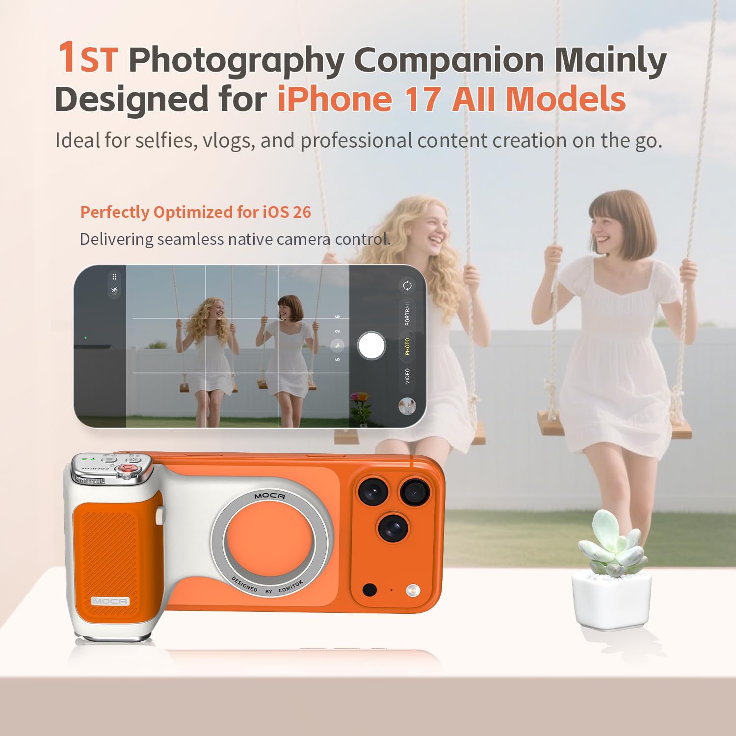 COMITOK MOCA iPhone 17 Pro Camera Grip No Need App for iOS26, Compatible iOS17 and iOS18, Fun Shot Magnetic Grip for Phone Native Camera with Anti-Drop Detachable Remote and Convenient Keychain Hook