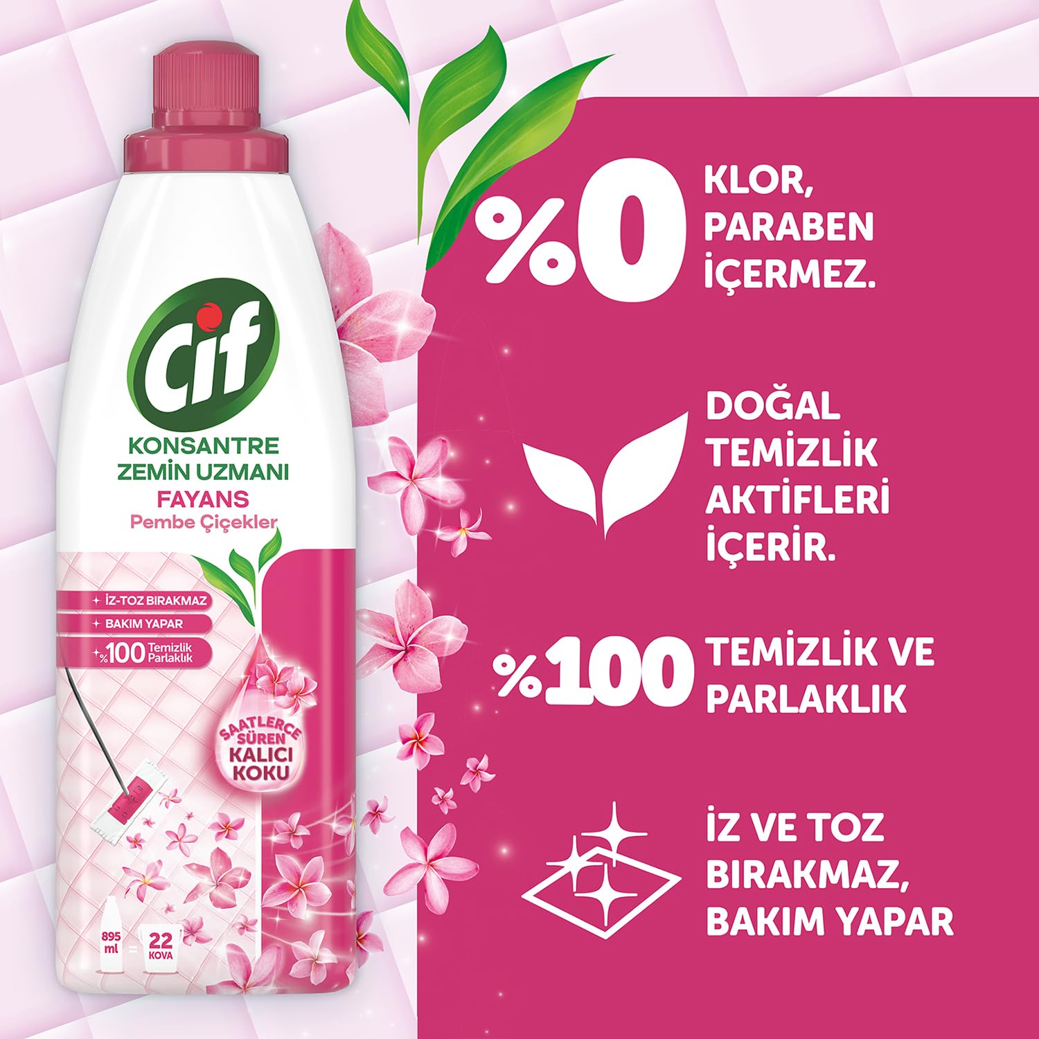 Cif Pembe Çiçekler Konsantre Zemin Uzmanı Fayans Temizleyicisi 22 Kova 895 mL