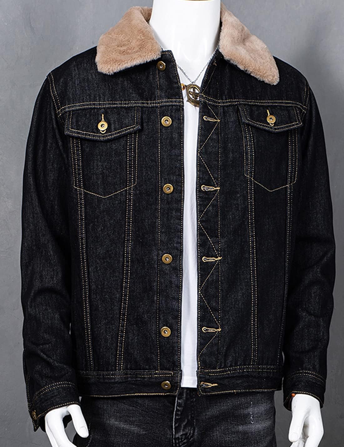Snoly Men's Regular And Fleece Denim Jackets Jean Buttons Ripped Coats with Removable Fur Collar