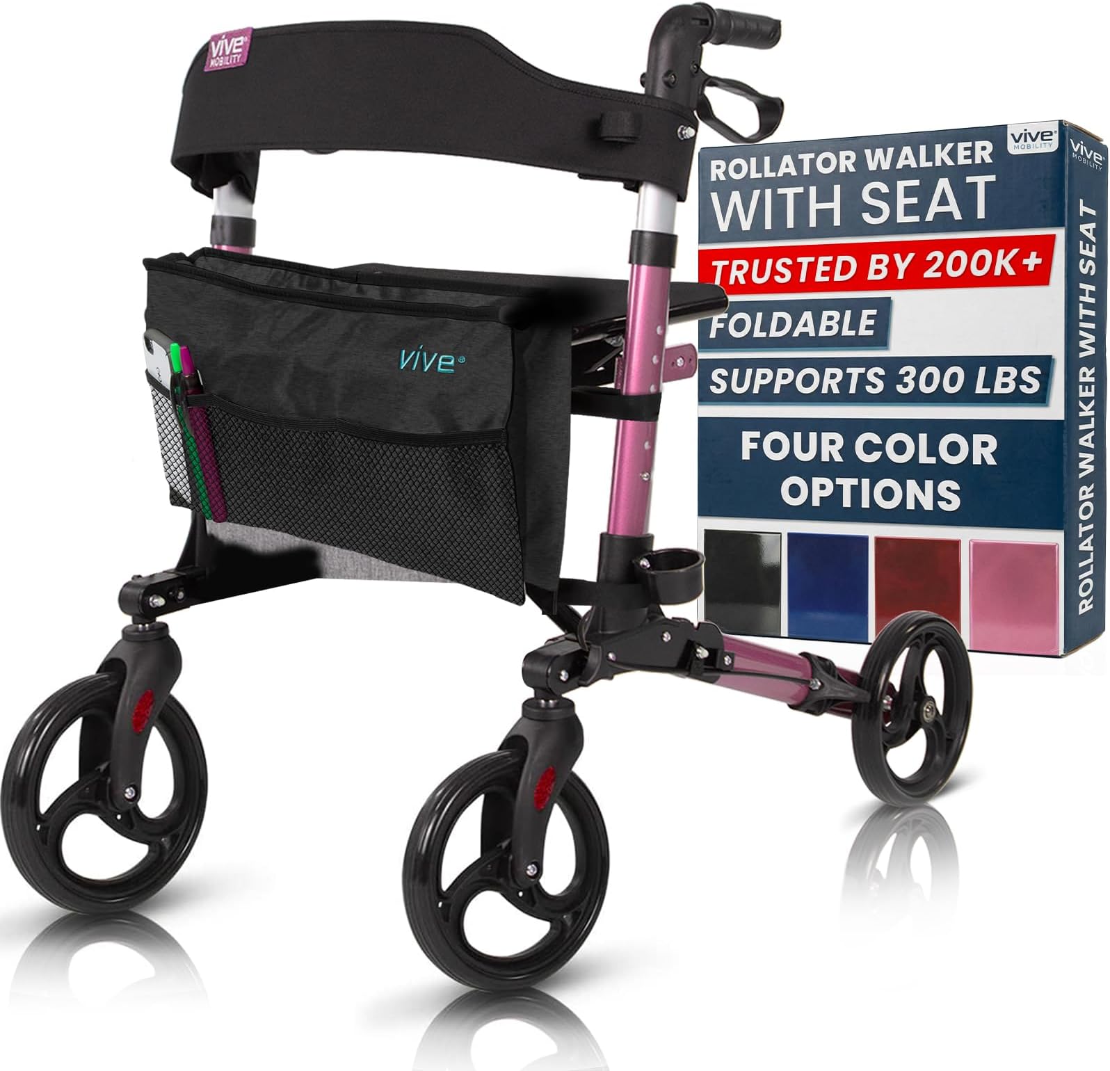 Vive Mobility Rollator Walker - Folding 4 Wheel Medical Rolling Walker