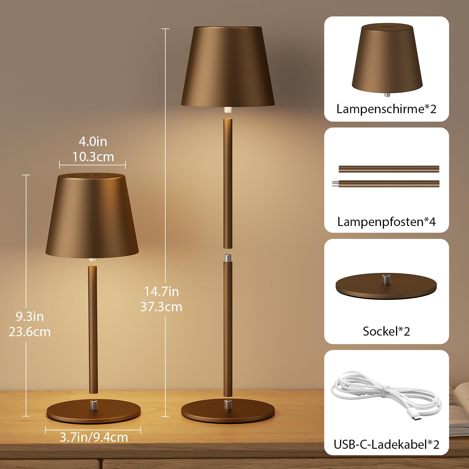 Tischlampe Kabellos 2 Stück, Touch, LED Akku Lampe für Outdoor Indoor
