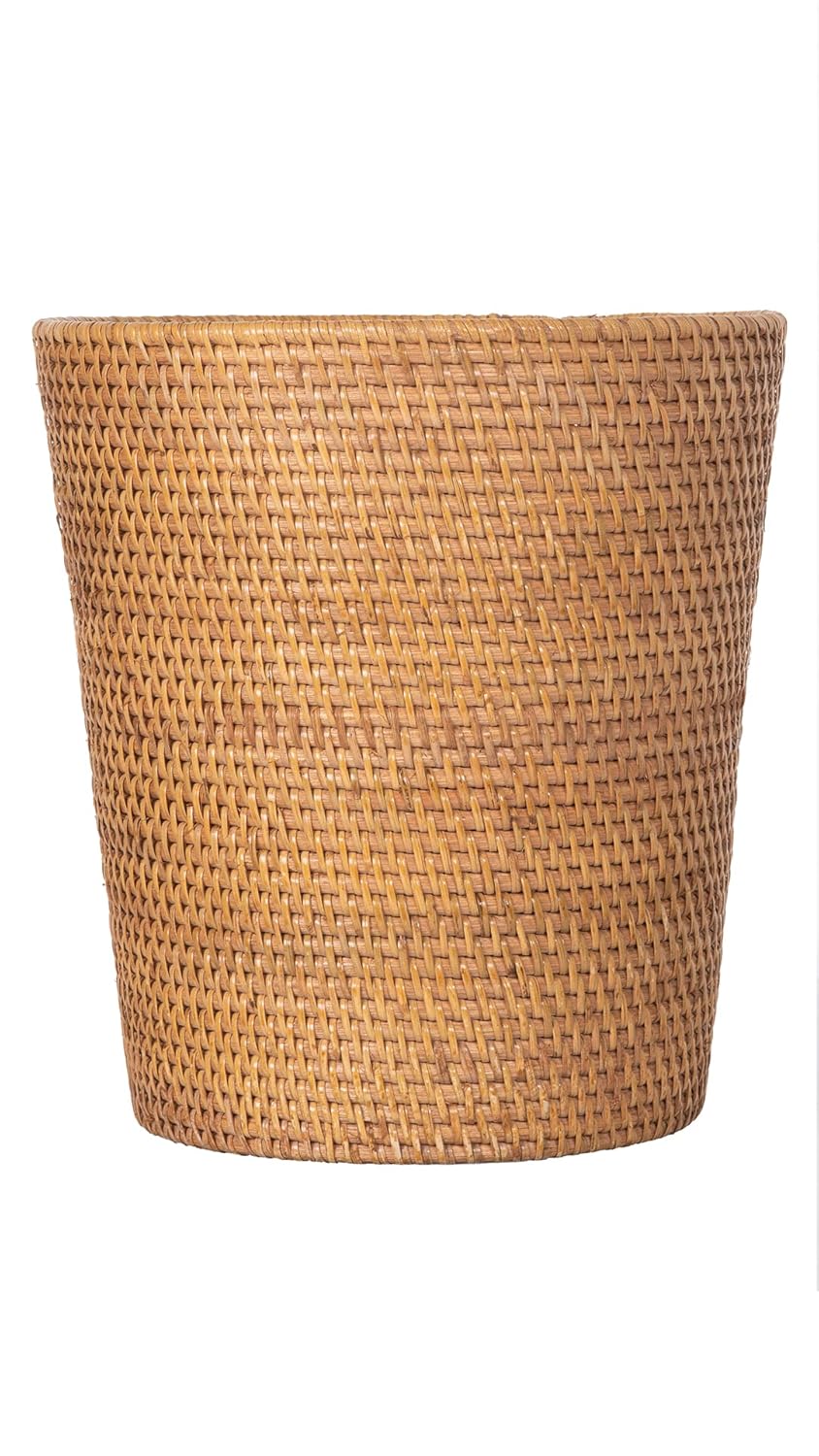 KOUBOO Loma Round Rattan Paper Waste Basket, Trash Can Bathroom, Garbage Bin, Bedroom, Kitchen, Office, Home Desk Small Wicker Bin for Waste, Paper, Honey Brown