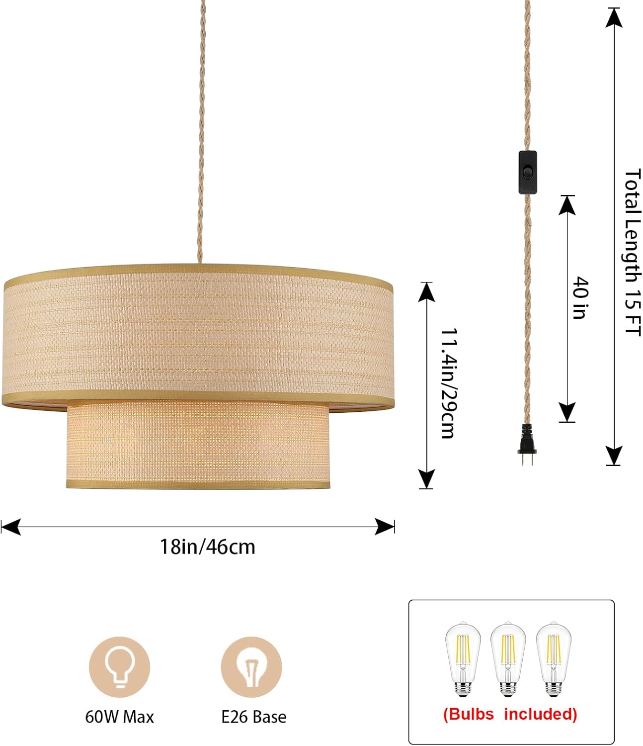 Plug in Pendant Light Rattan Hanging Lights with Plug in Cord 15FT Hemp Rope Cord, 18in Boho Plug in Chandelier for Dining Room, Living Room, Kitchen, Bedroom（Bulb Included）