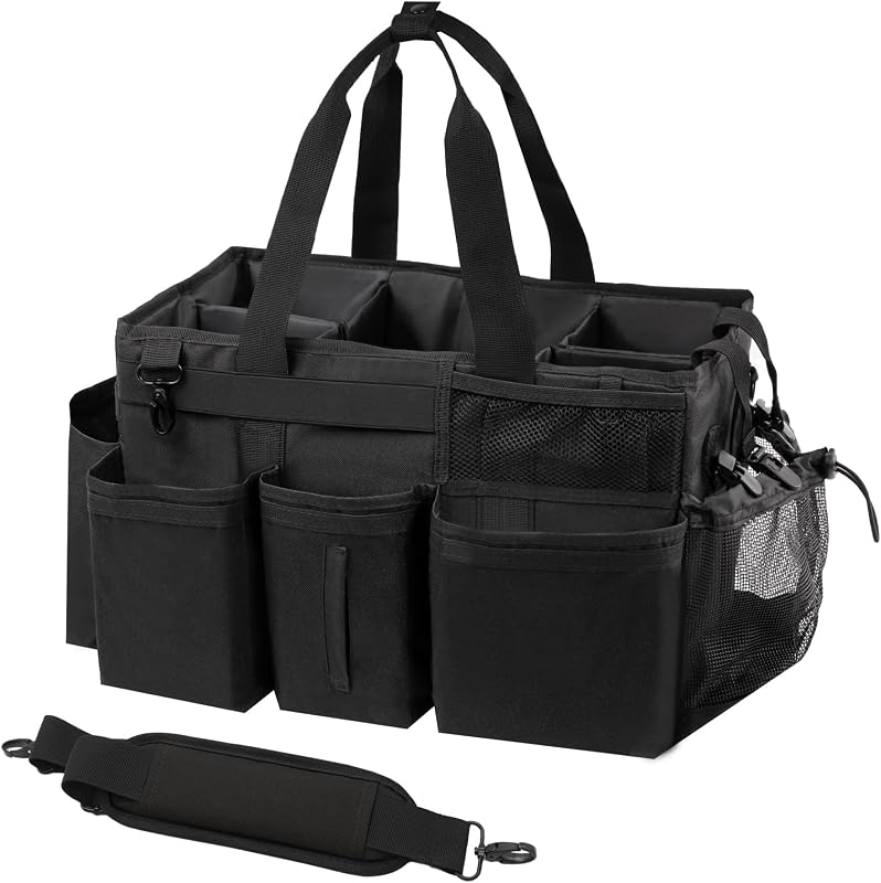Wearable Cleaning Caddy Organizer with Handle & Shoulder Straps for Housekeepers, Under Sink & Car Cleaning Tool Organizer Bag with 4 Foldable Dividers (Black)