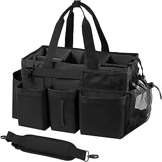 SCAVATA Wearable Cleaning Caddy Organizer with Handle & Shoulder Straps for Housekeepers, Under Sink & Car Cleaning Tool Organizer Bag with 4 Foldable Dividers (Black)