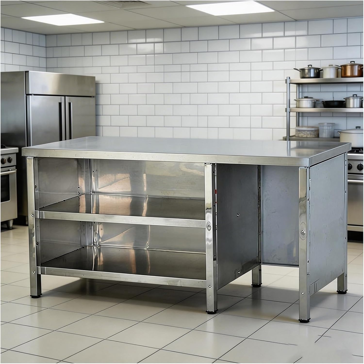 Three-Tier Storage Workbench Commercial Stainless Steel Kitchen Work Table Adjustable Feet Three-Sided Enclosed Design Thickened Stainles Steels Reinforced Uprights