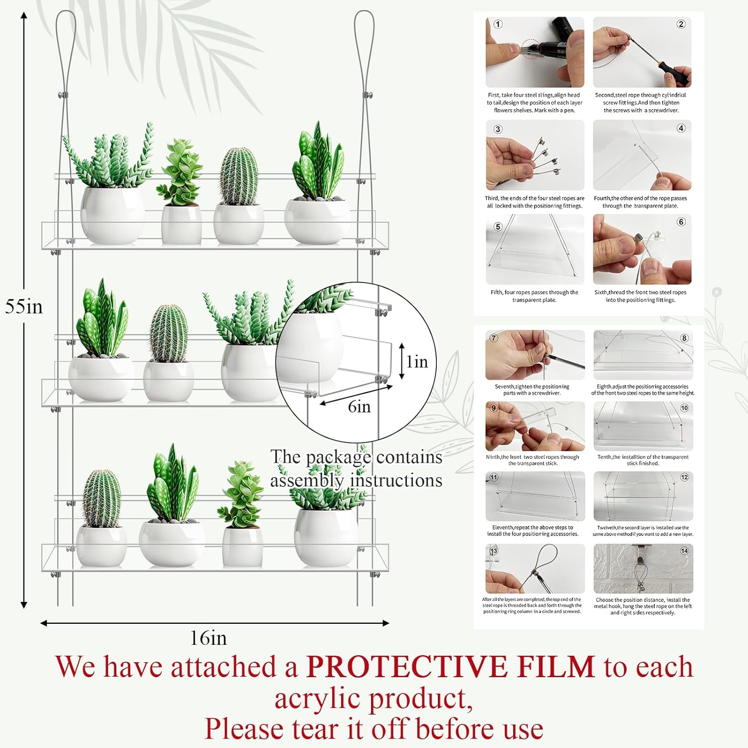 2 Pcs 16 Inch 3 Tier Clear Hanging Window Plant Shelves Acrylic Shelves Hanging Plant Stand Window Hanger Flower Pot Organizer Storage for Indoor Wall Garden Grow Herb