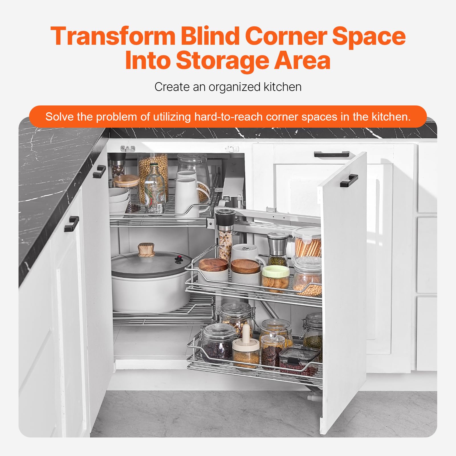 VEVOR Cieco Angolo Estraibile Organizzatore, 2 Tier 4 Ripiani Organizer per Mobile da Cucina, Cestino Portaoggetti in Acciaio al Carbonio Cromato con Apertura a Sinistra Destra 860 x 535 x 560 mm