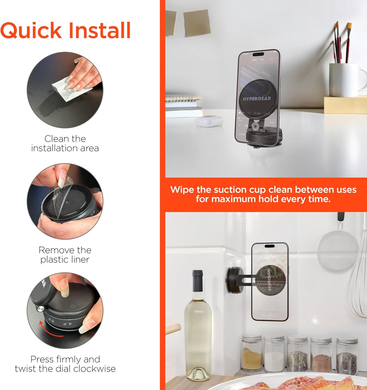 Two images showing the HyperGear Mag Vac mount used in a car: one on the dashboard screen for navigation, and another on the windshield. A warning notes incompatibility with textured or curved dashboard surfaces.