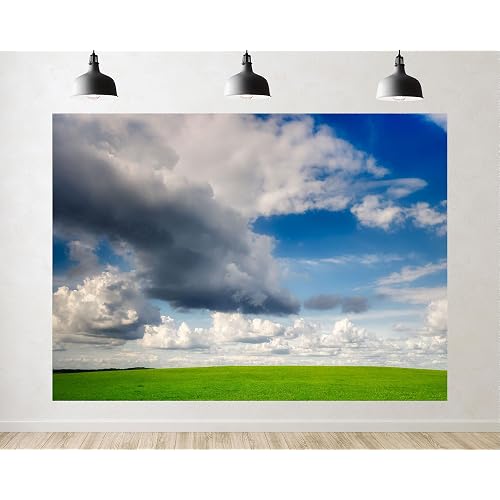 Trykid 5x3ft Green Meadow Cloudy Sky Backdrop Fluffy Puff Dark Shade Bright Azure Wide Horizon Photography Background Outdoor Gala Field Feast Party Decoration Tapestry Photo Booth Prop Fabric