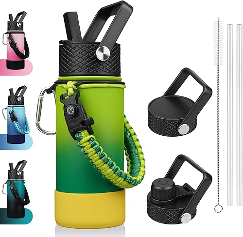 Miniatura 17 de BJPKPK Botella de agua aislada con tapa con popote, frascos térmicos de 22 onzas con 3 tapas, mango de paracord y bota antideslizante, vasos de