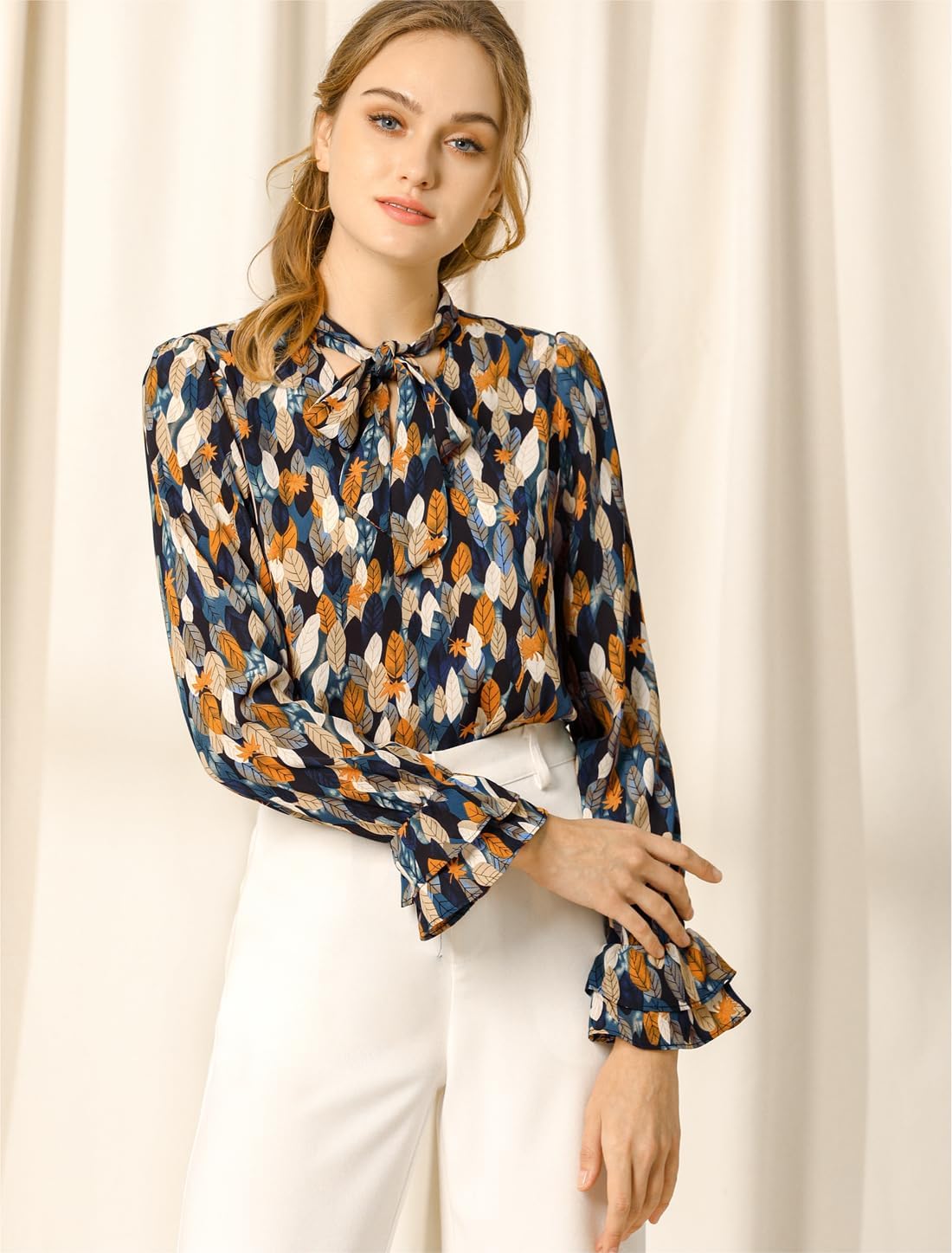 Allegra K Women's Long Sleeve Blouse Tops 2025 Fall Floral Bow Tie Neck Chiffon Ruffle Top Dressy Casual Shirt - Image 3