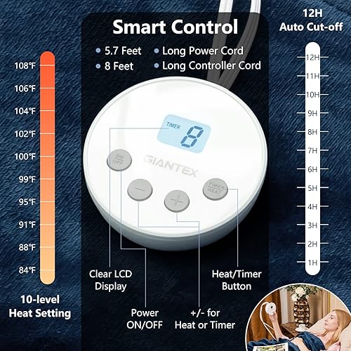 Miniatura 8 de Giantex Manta eléctrica con calefacción, tamaño individual, lavable a máquina, manta eléctrica con calentamiento rápido, controlador de mano, 10