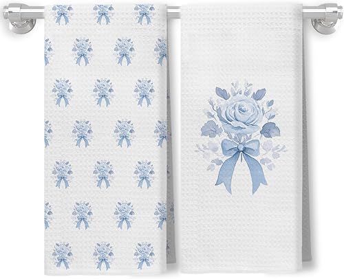 Qykwz Blue Coquette Bow Floral Grandmillennial Kitchen Towels, Vintage Blue Toil